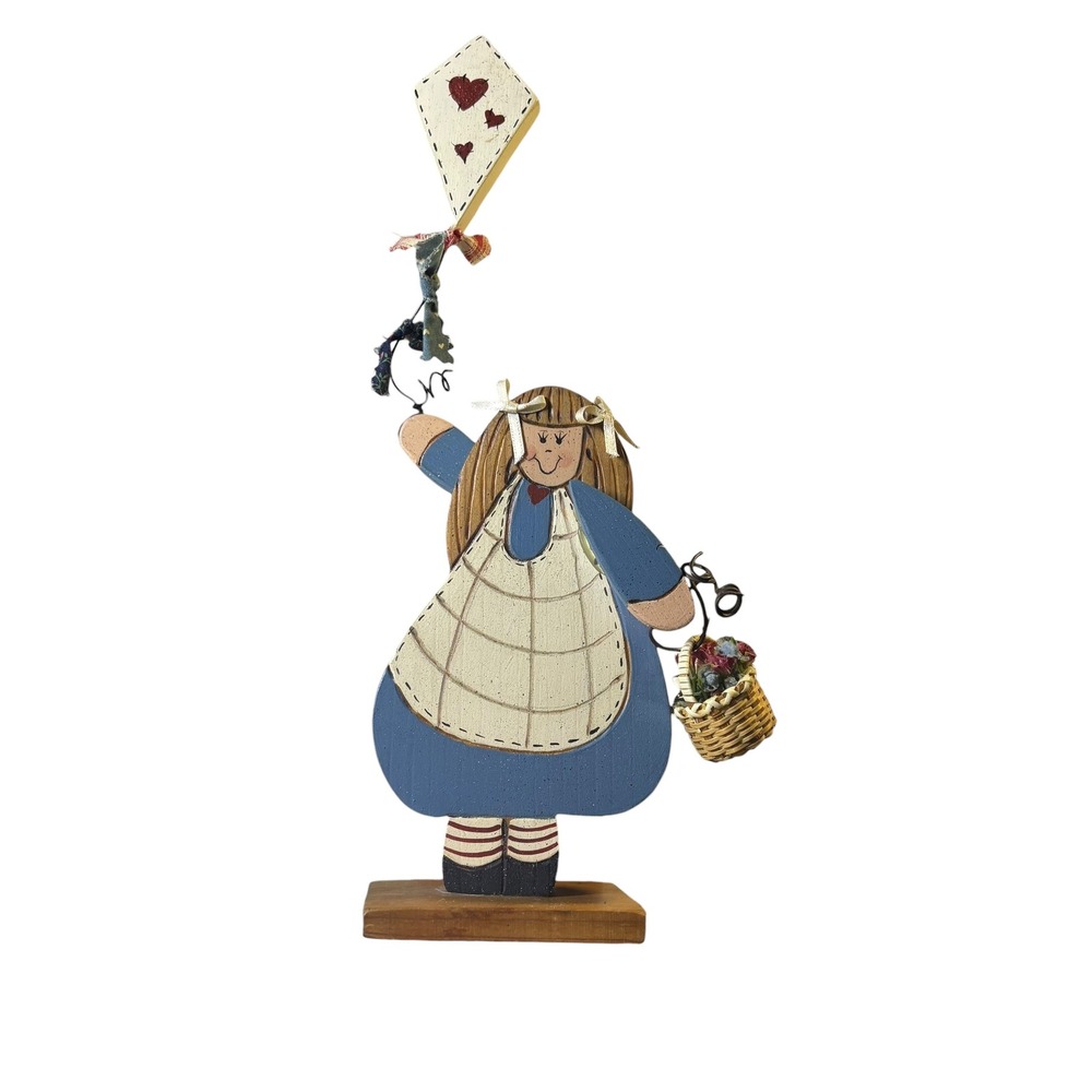 Primitive Country Girl Kite Flower Basket Wooden‎ Figurine Decor Cottagecore